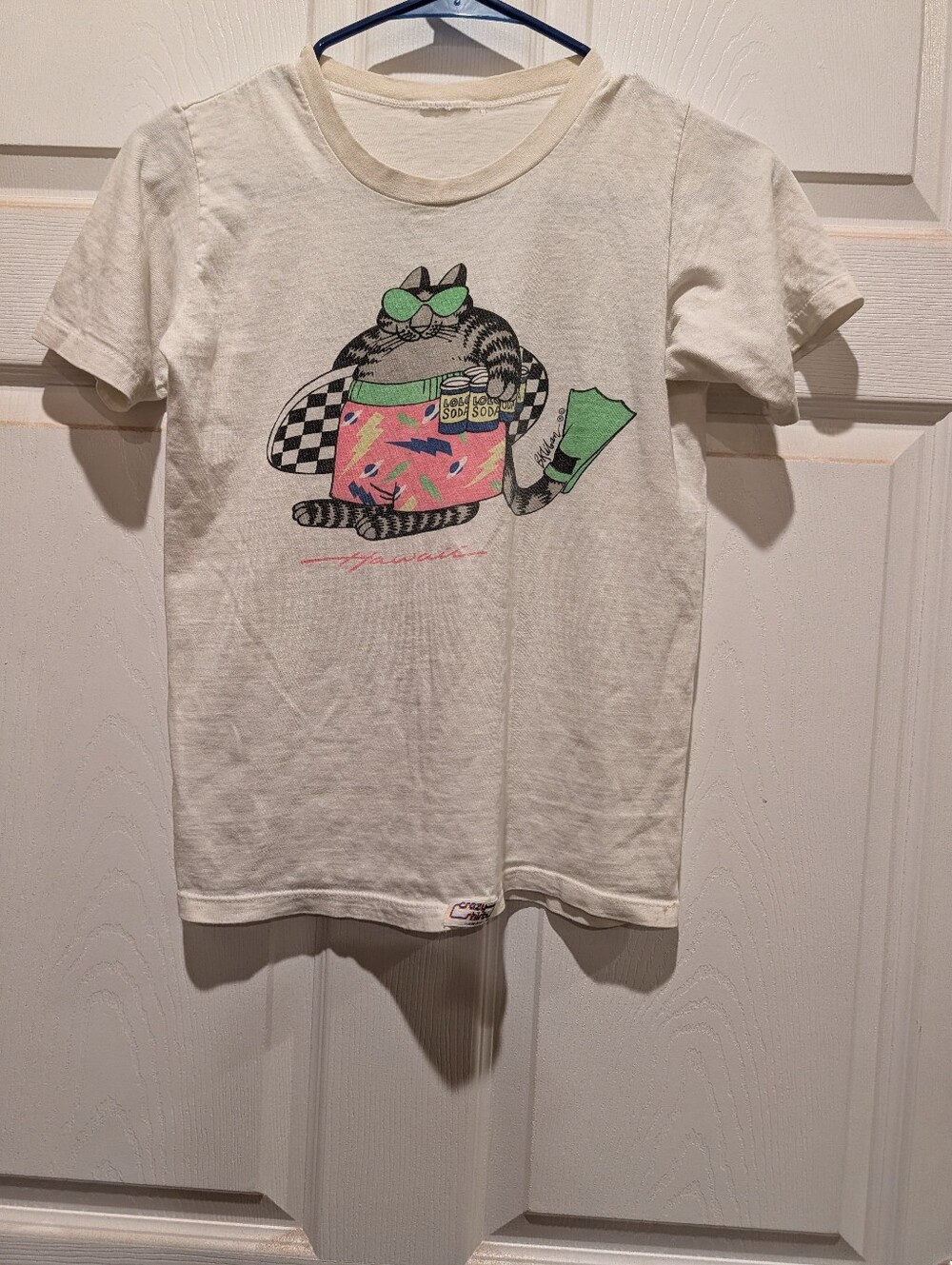 Kids Unisex White Crazy shirt Graphic Tee with Neon Cat Design